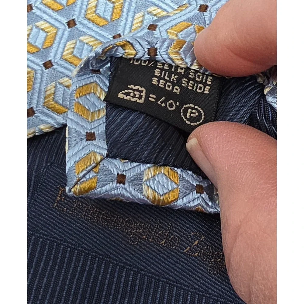 Ermenegildo Zegna Silk Tie‎ Mens Blue Gold Geometric Hexagon Classic Italy 58